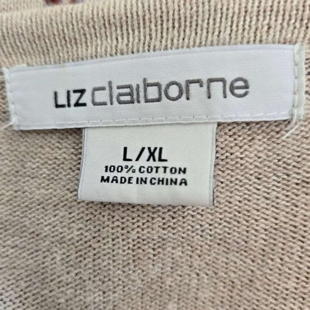 Liz Claiborne Womens L/XL Cotton Beige & Burgundy Floral Ruana Poncho Shawl - Picture 8 of 9